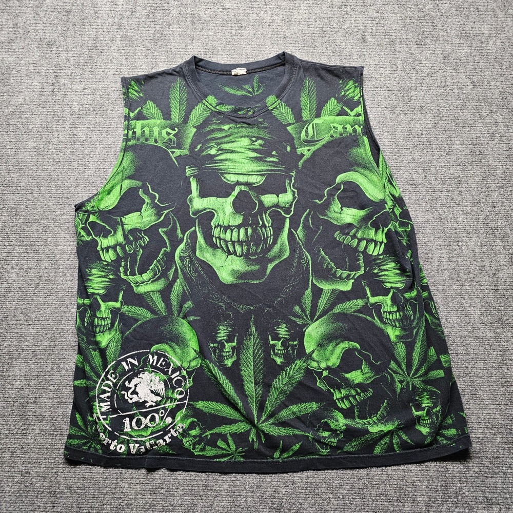 Yazbek Mens Skulls Cannabis All Over Print Muscle Tee Puerto Vallarta Black